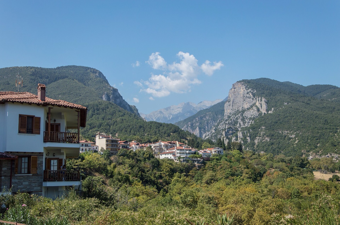 Snow-streaked peaks of Mount Olympus rising above Litochoro